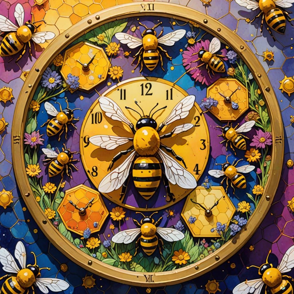 Bees Buzzing Around a Honey Clock in Watercolor Style