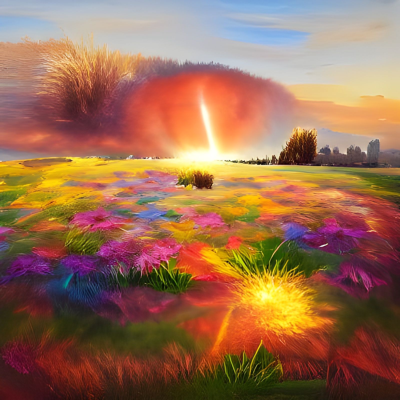 Photorealistic Flower Meadow Sunset with Rainbow