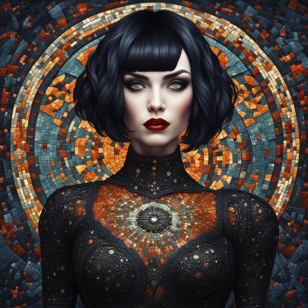 Mosaic Art: Voluptuous Goth Woman in Detailed Painting