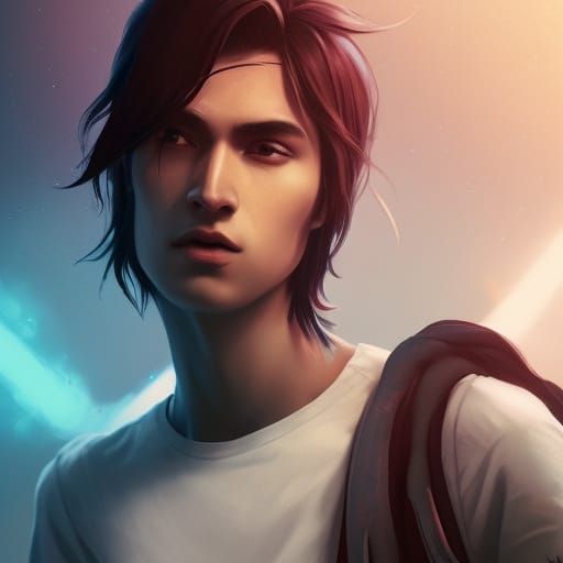 Dreamy Angelic Young Man in Galactic Scene