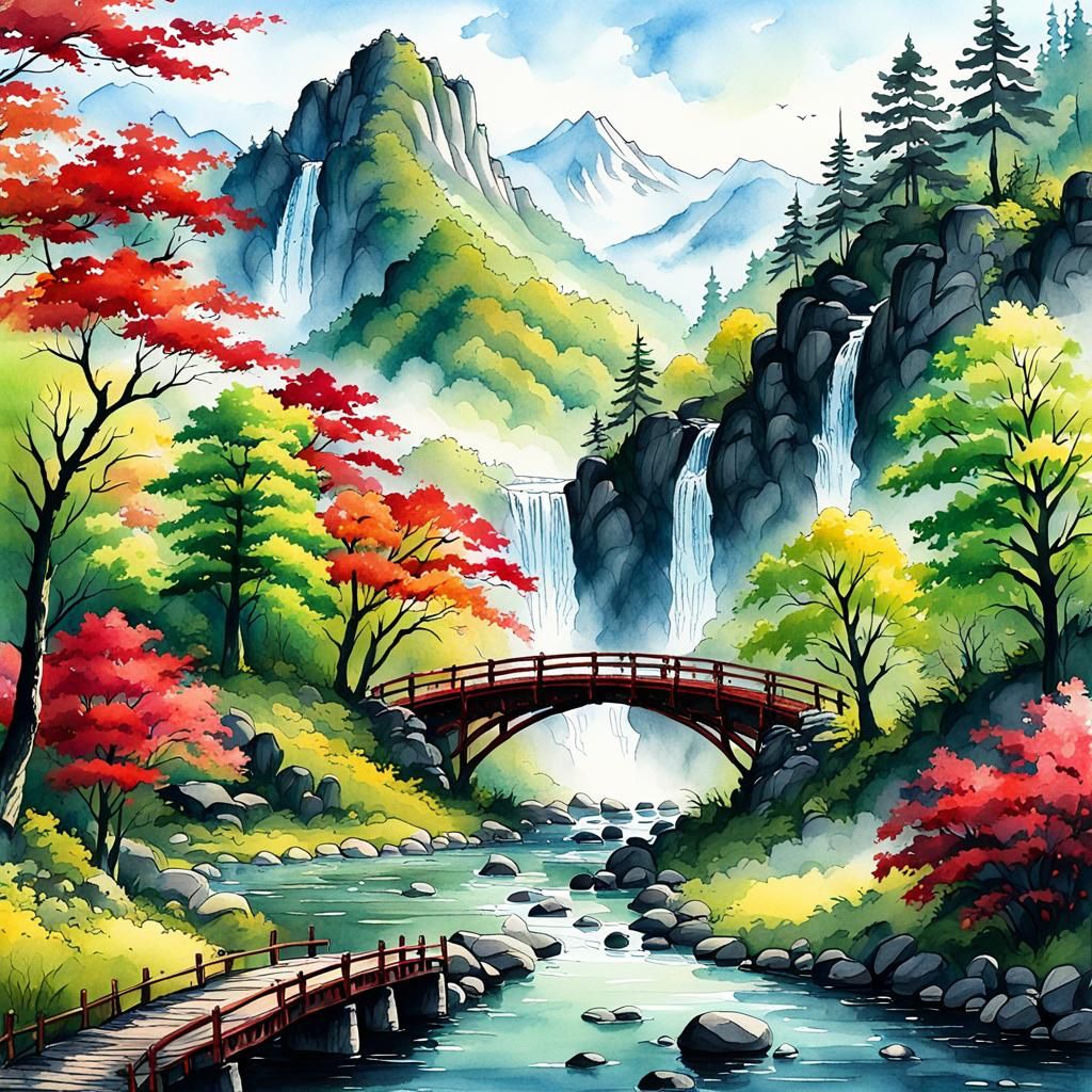 Valley Vista with Waterfall as Digital Art