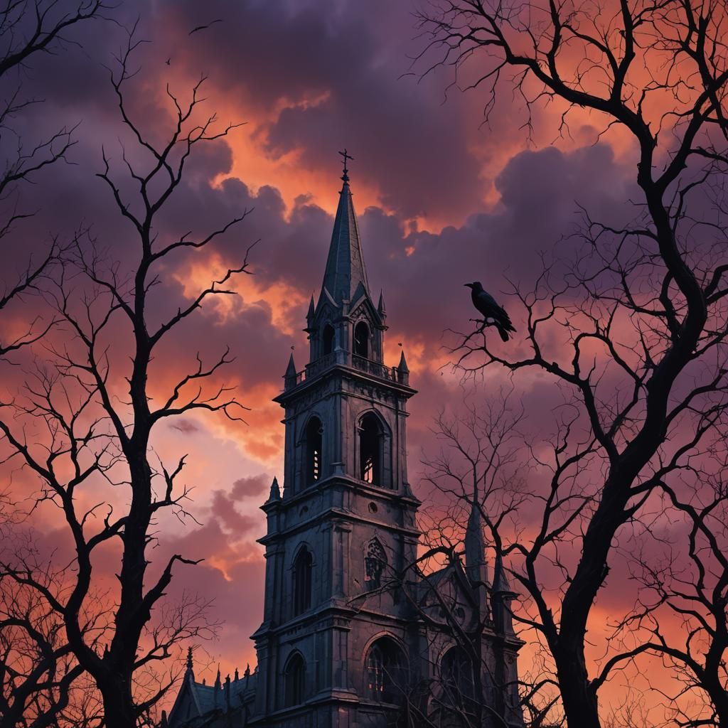 Crow Perched on Ruined Church: Dark Fantasy Art