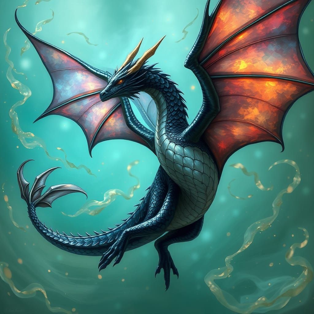 Pearly Black Dragon with Iridescent Wings