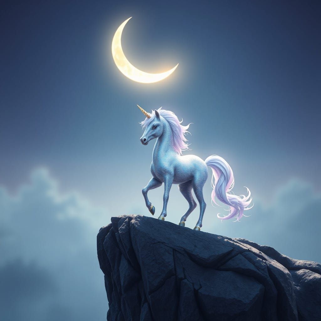 Ethereal Unicorn Under Crescent Moon
