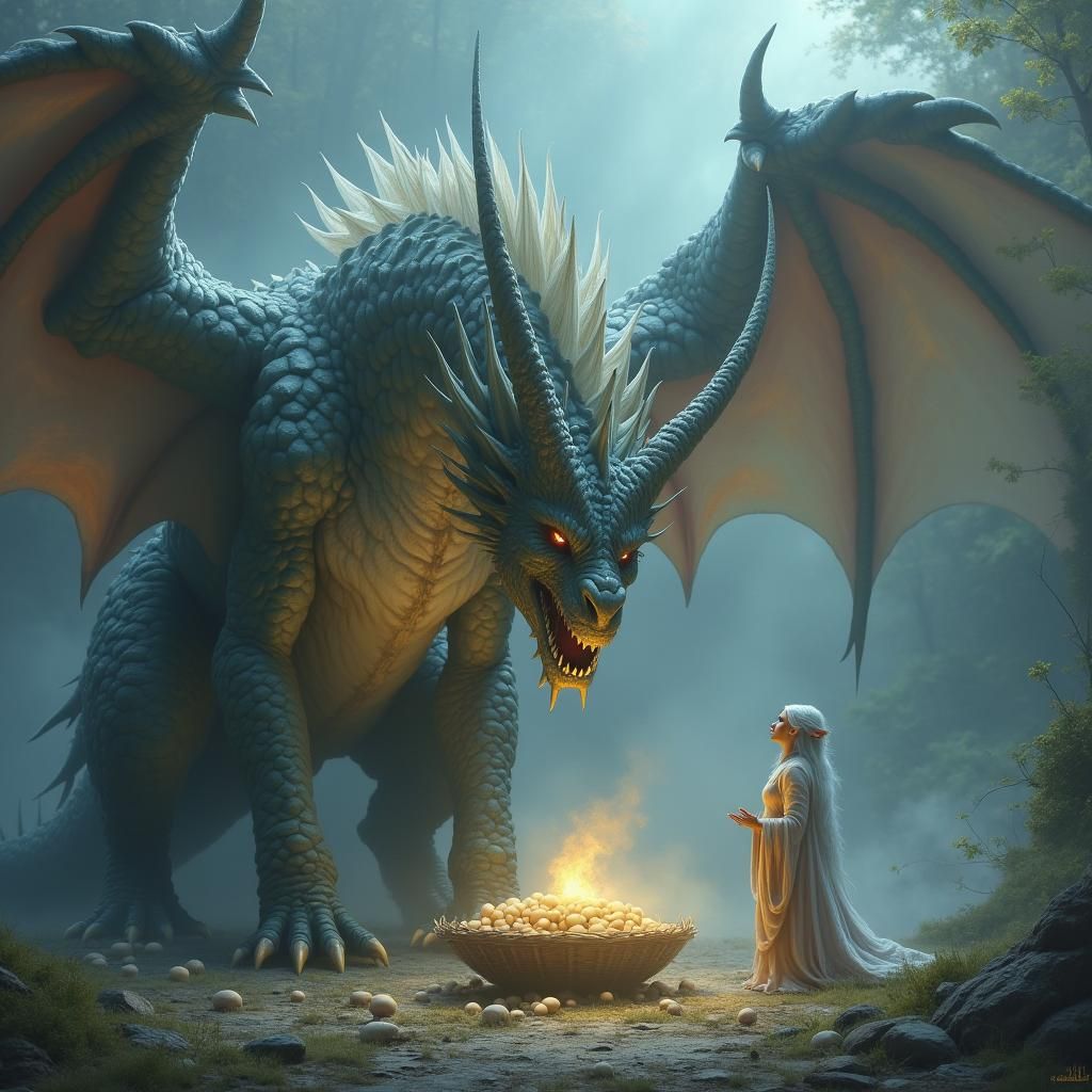 Dragon Protecting Eggs in Ethereal Landscape