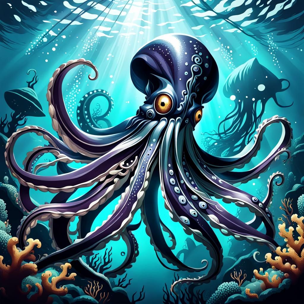Gothic Ink Illustration of a Giant Squid Battle