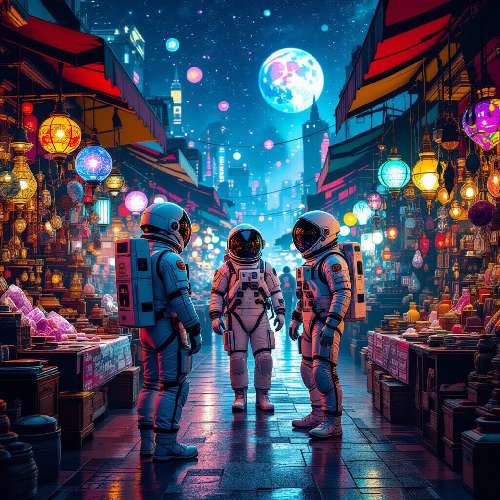 Astronauts in Cosmic Market: Holographic Astral Scene