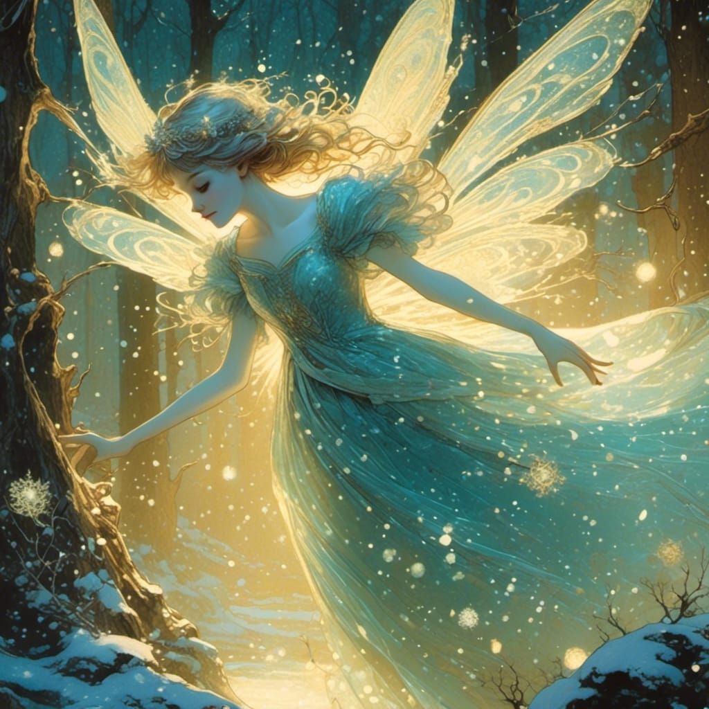 Ethereal Winter Fairy in Magical Forest Illustration