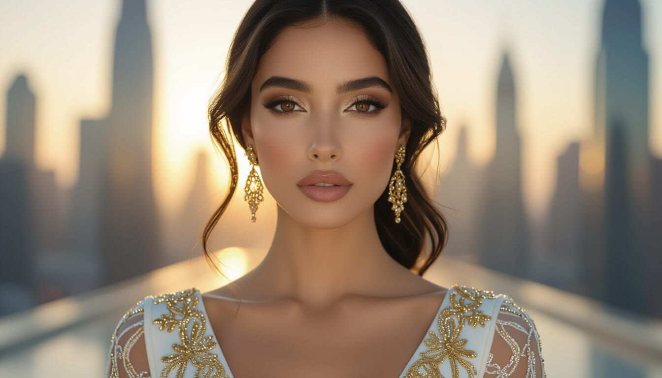 Arab Woman in Futuristic Cityscape at Golden Hour