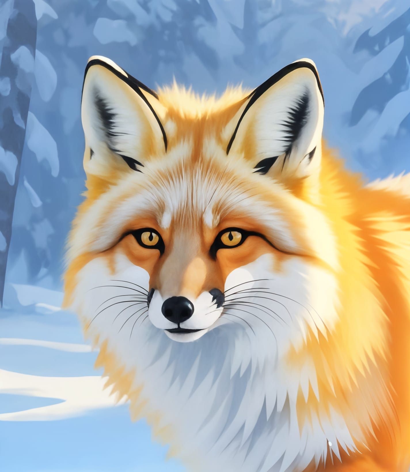 Arctic Fox Running Through Snowy Forest in Matte Oil Paintin...