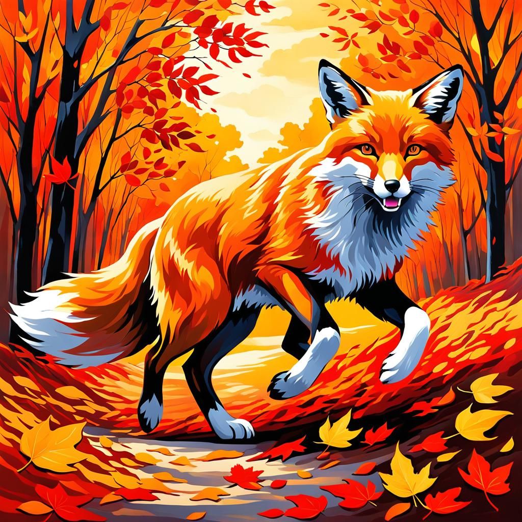 Expressionist Fox Trotting Through Autumn Forest