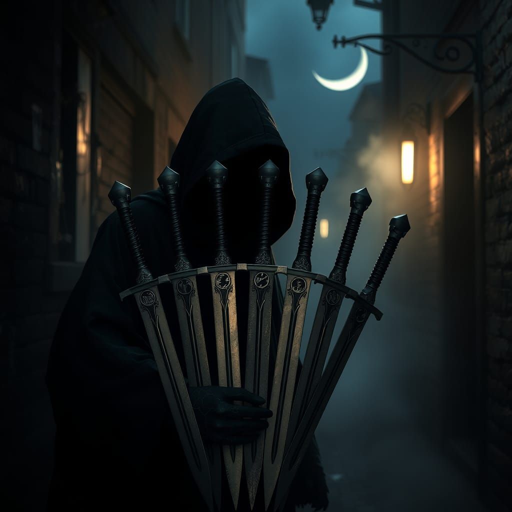 Mystical Thief with Seven Swords in Moody Alleyway