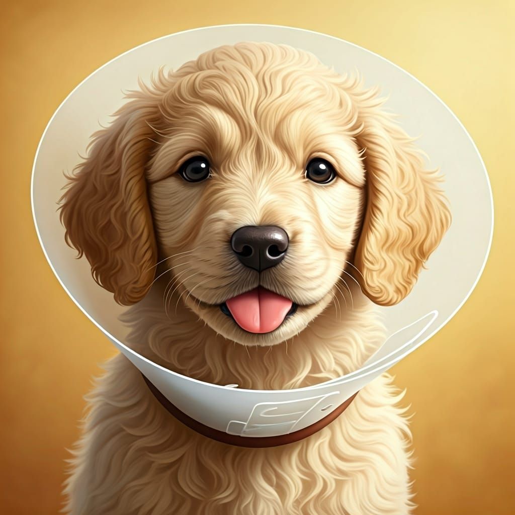 Adorable Blonde Puppy with Cone in Anime Style