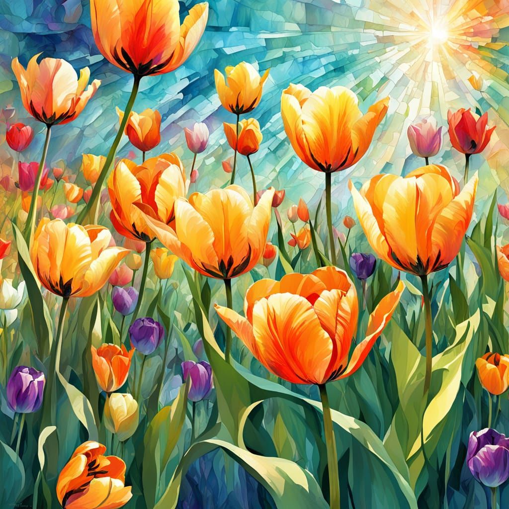 Abstract Spring Tulips: Digital Watercolor Summerscape