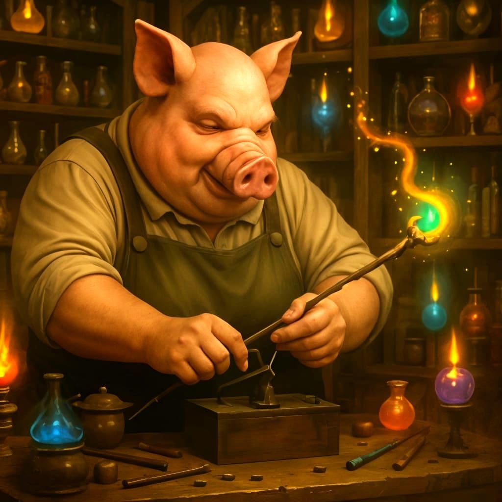 Pig-Headed Man Crafts Magic Wands in Shop