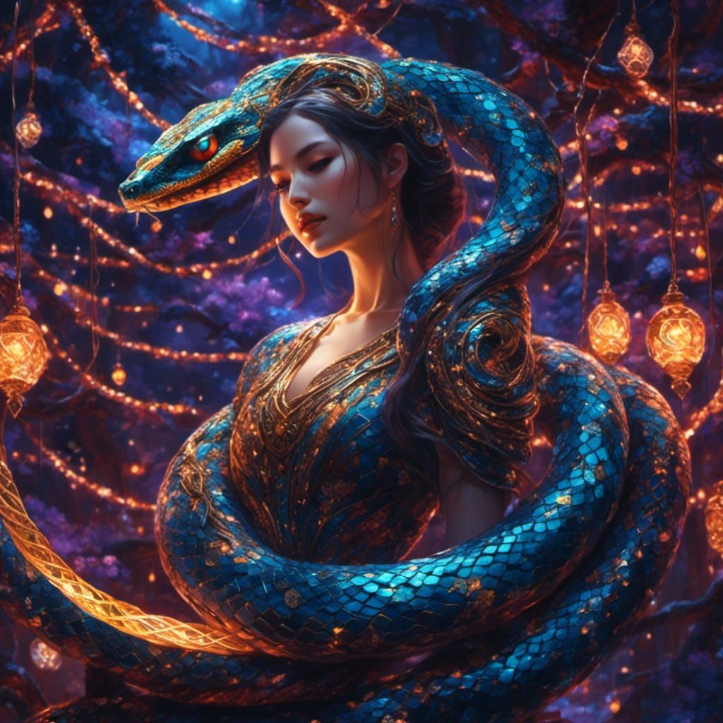 Geometric Snake with Fairy Lights in Fantasy Style