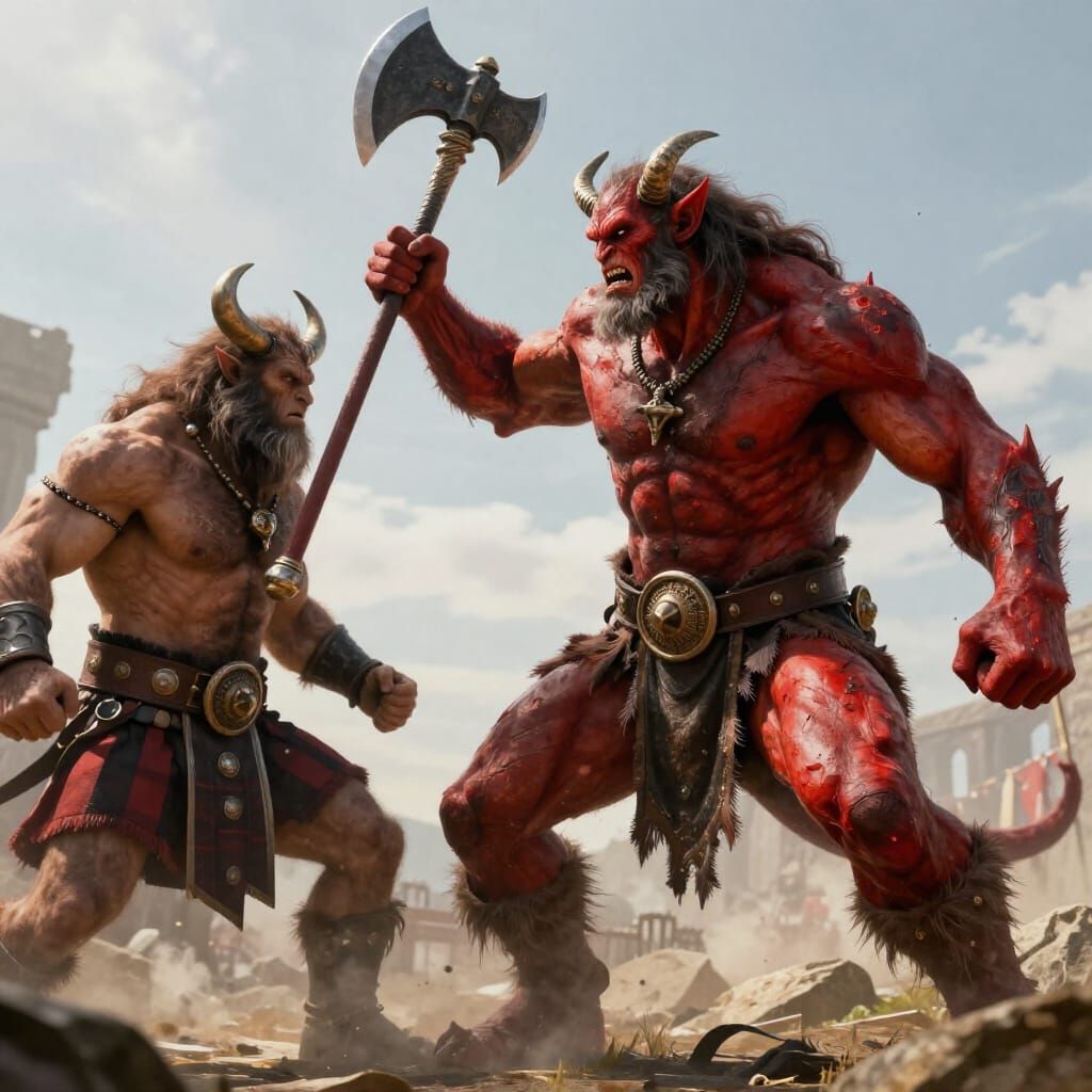 Demon Battles Minotaur Champion in Epic Realistic Fight