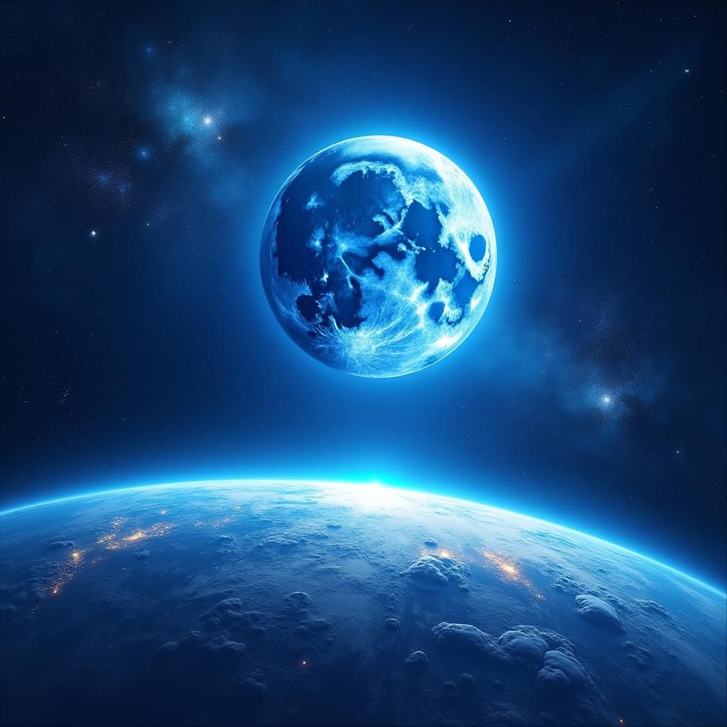 Blue Moon Over Earth: Holographic Cosmic Illustration