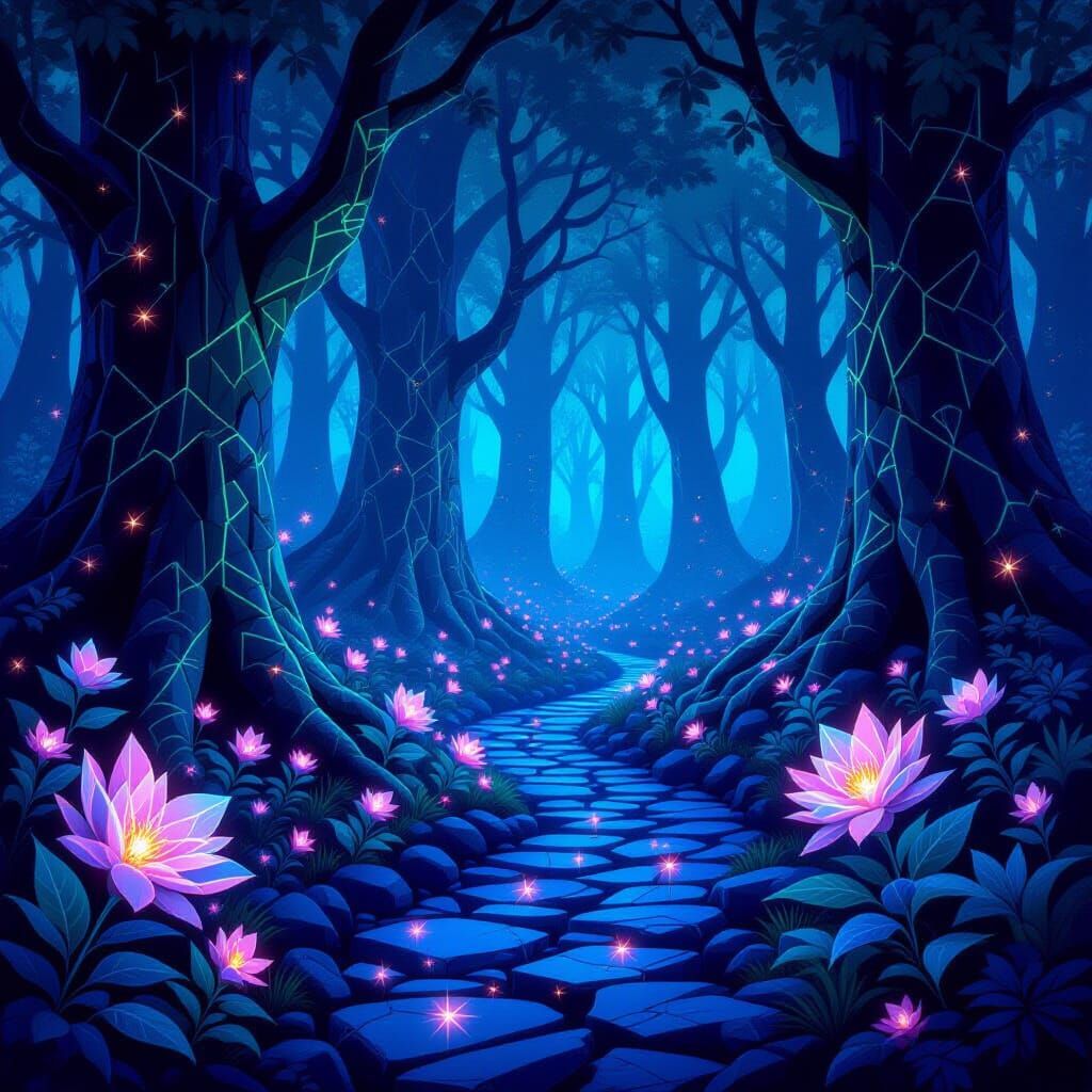 Bioluminescent Forest Twilight with Geometric Trees