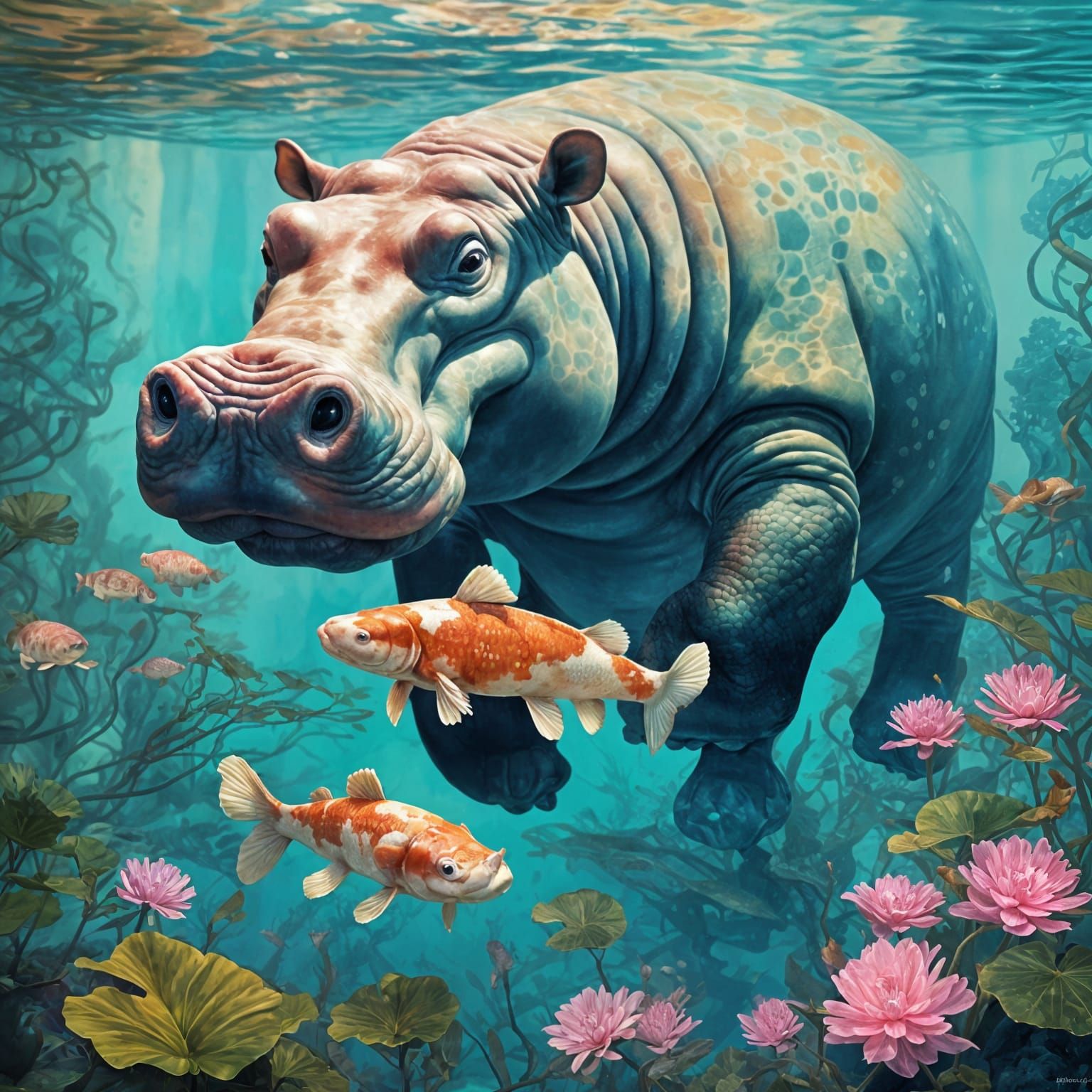 <lateral view> A magnificent hippopotamus swims beneath vibr...
