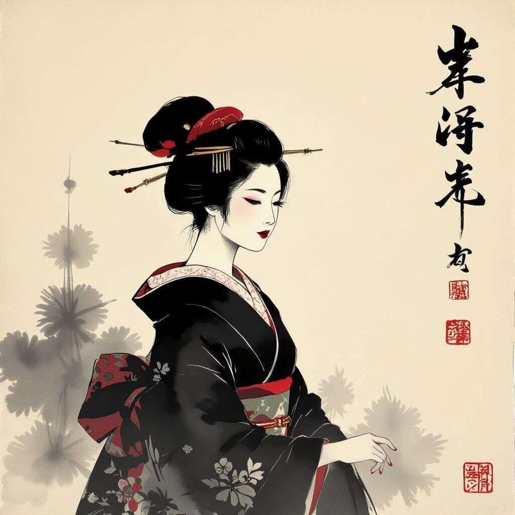 Sumi-e Geisha Painting with Zen Aesthetic