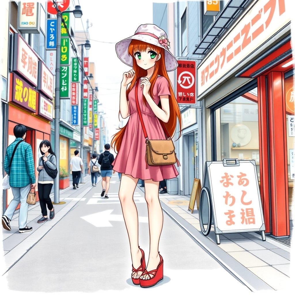 Japanese Woman in Mori Kei Fashion, Colored Pencil Sketch