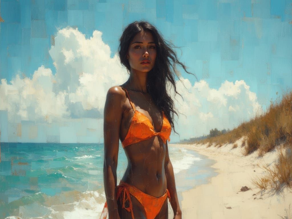 Woman in Orange Bikini on Sandy Beach