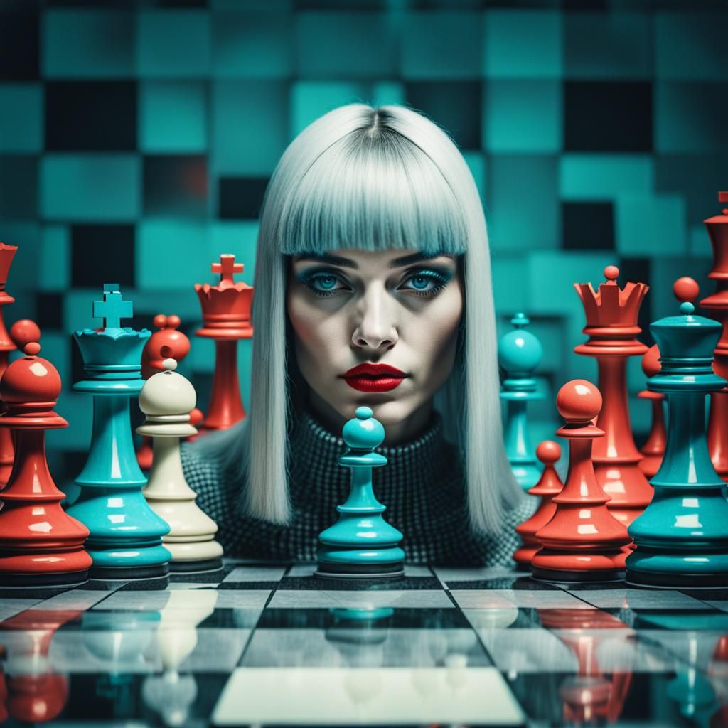 Futuristic Girl on Chessboard: Hyperrealistic Photography