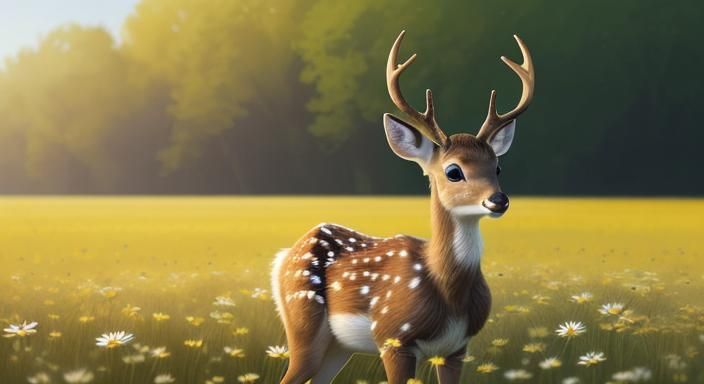 Hyperrealistic Bambi in Spring Field with Butterfly