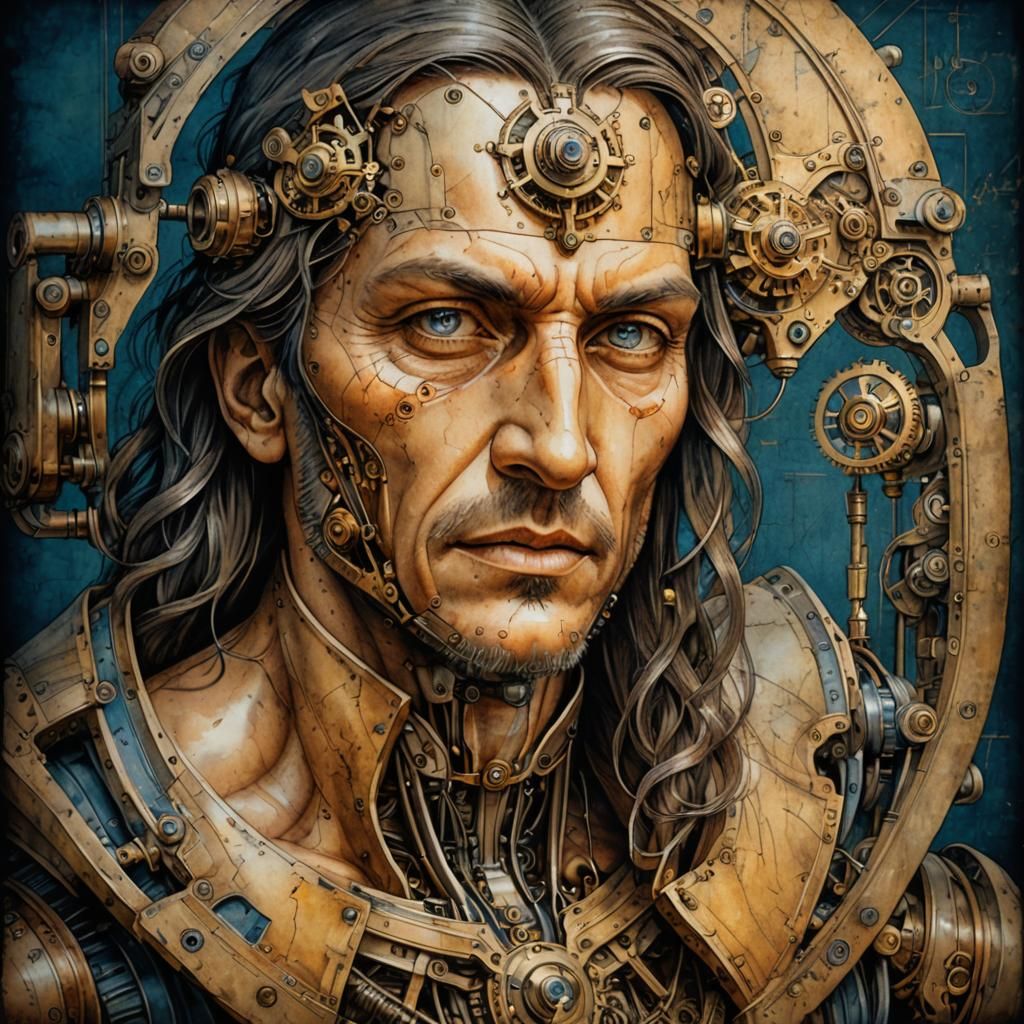 Mechanical Man Blueprint in Da Vinci Style