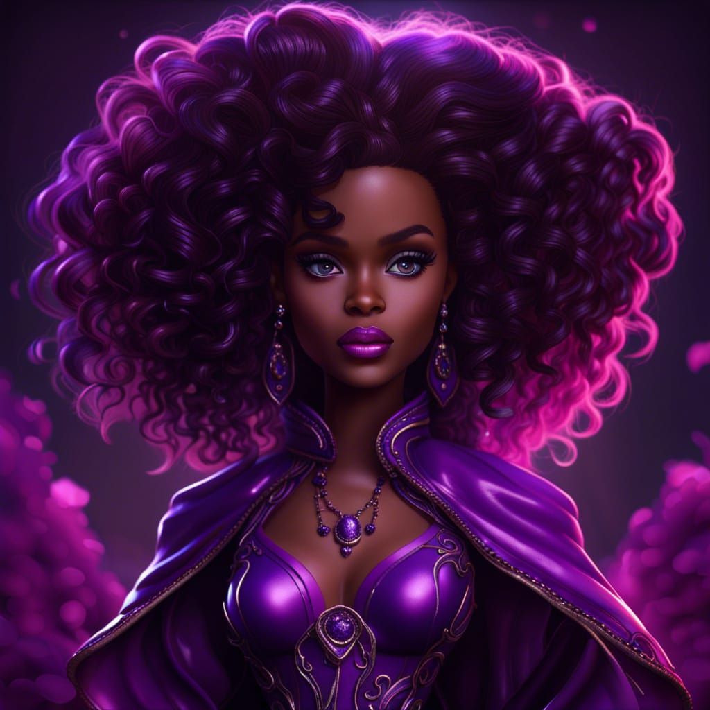 Black Barbie Doll in Purple Outfit, Detailed Matte Painting