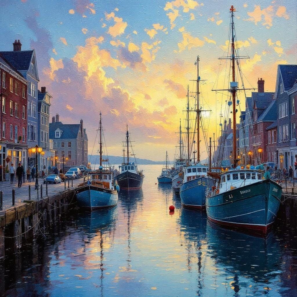 Maine Harbor Sunset in Encaustic Style