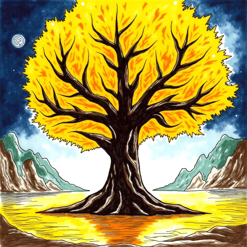 Minimalist Yellow Tree Art in Geometric Style