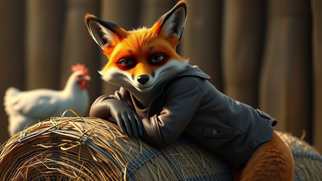 Fox Leaning on Hay Bale in Pixar Style