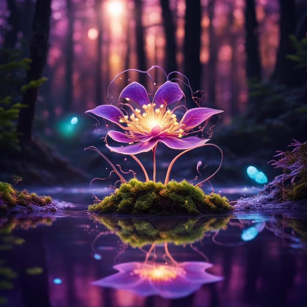 Glowing Fantasy Flower in Forest, Digital Art