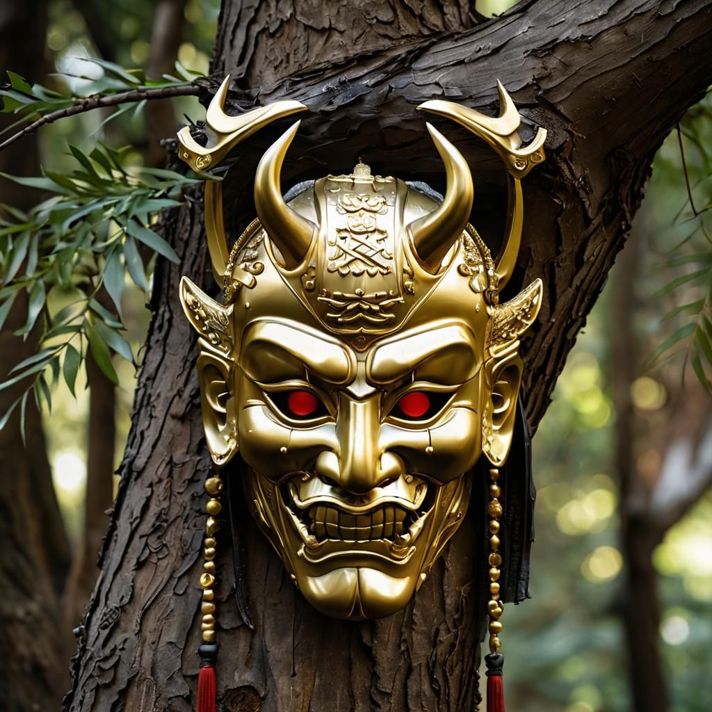 Melting Golden Samurai Mask Hanging from Tree
