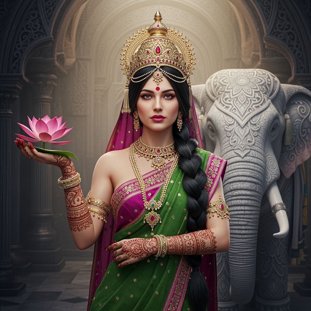 Regal Indian Goddess With Lotus and Jeweled Crown