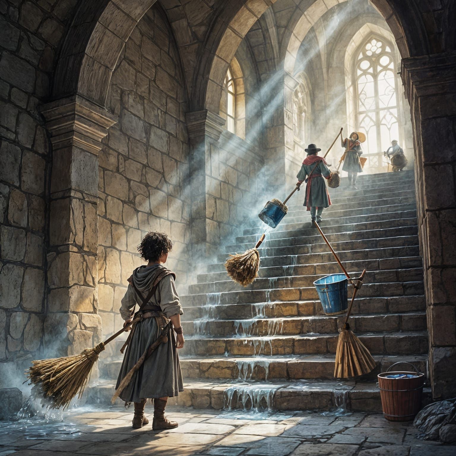 Sorcerer's Apprentice Brooms Carry Water Up Stairs