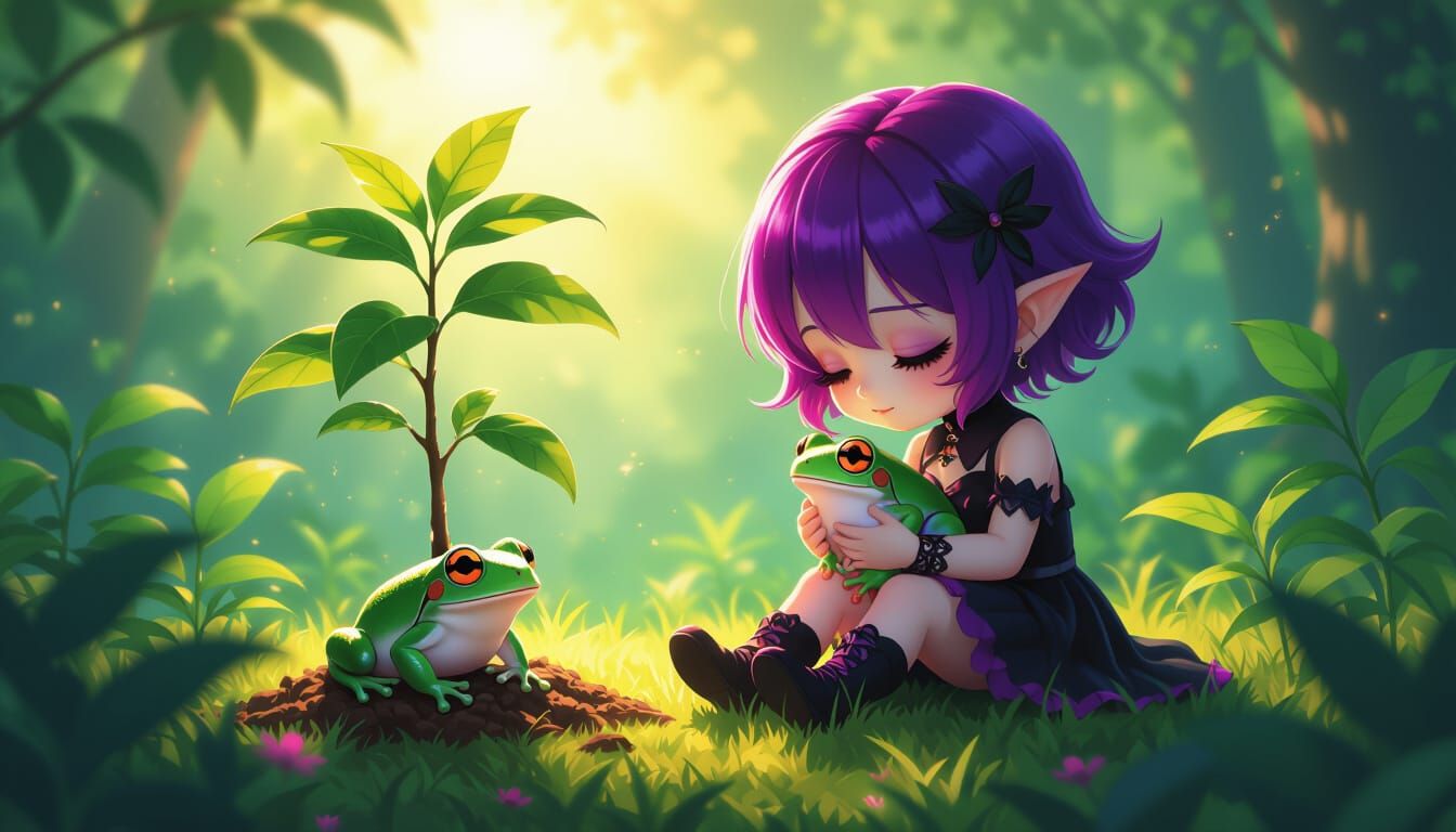 Gothling Cradles Injured Frog in Vibrant Anime Style