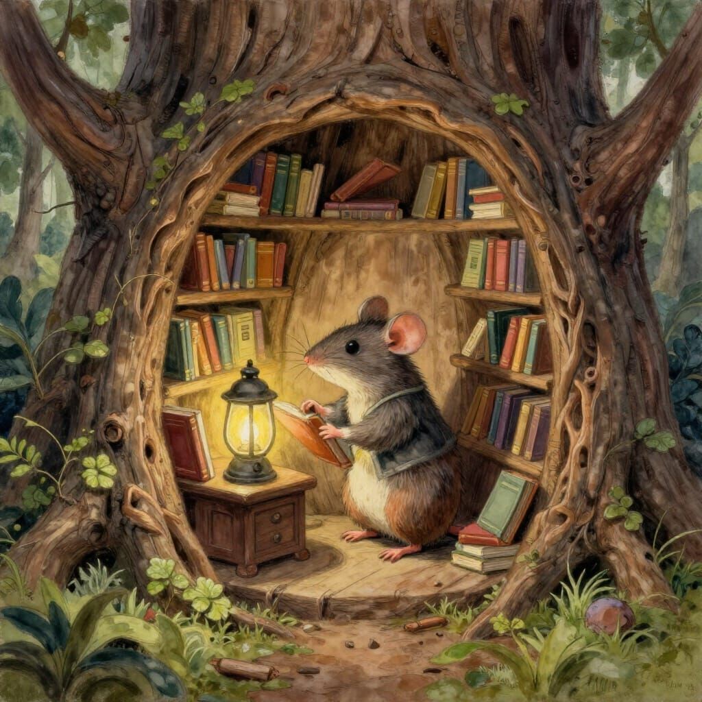 Mouse Librarian Organizing Books in a Cozy Hollow Tree