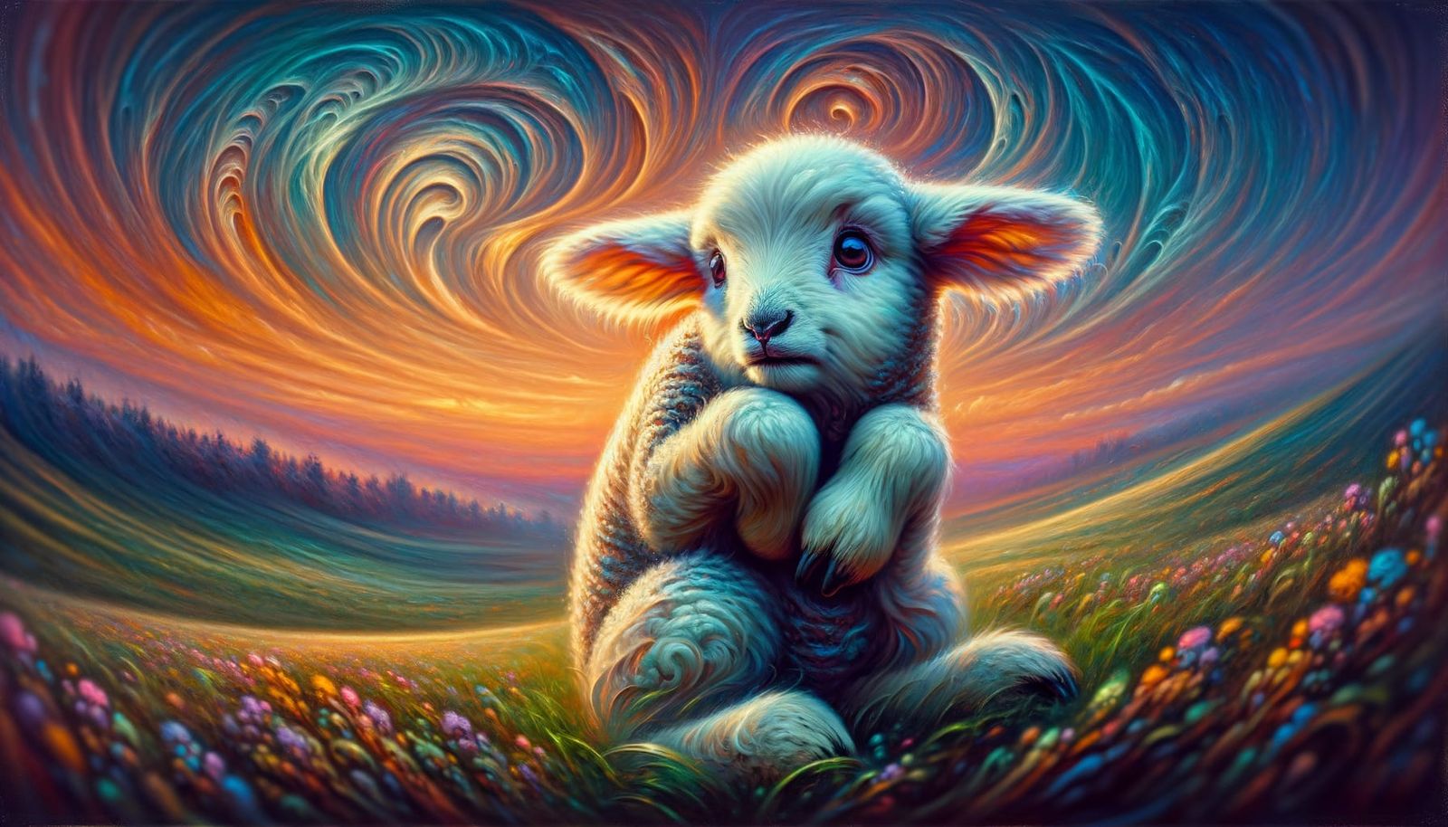 Nervous Lamb in Mystical Pastoral Landscape