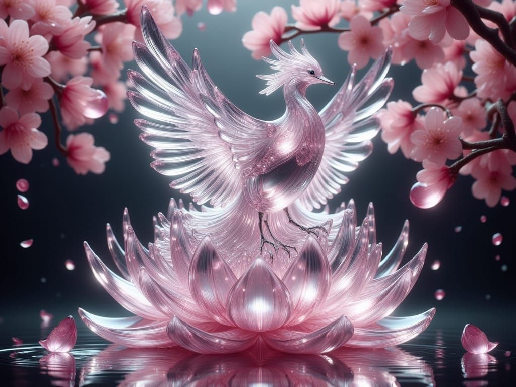 Glass Phoenix on Lotus Flower in Art Nouveau Style