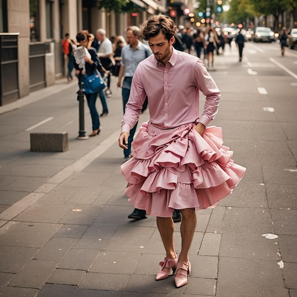 Vulnerable Young Man in Pink Dress: Social Commentary