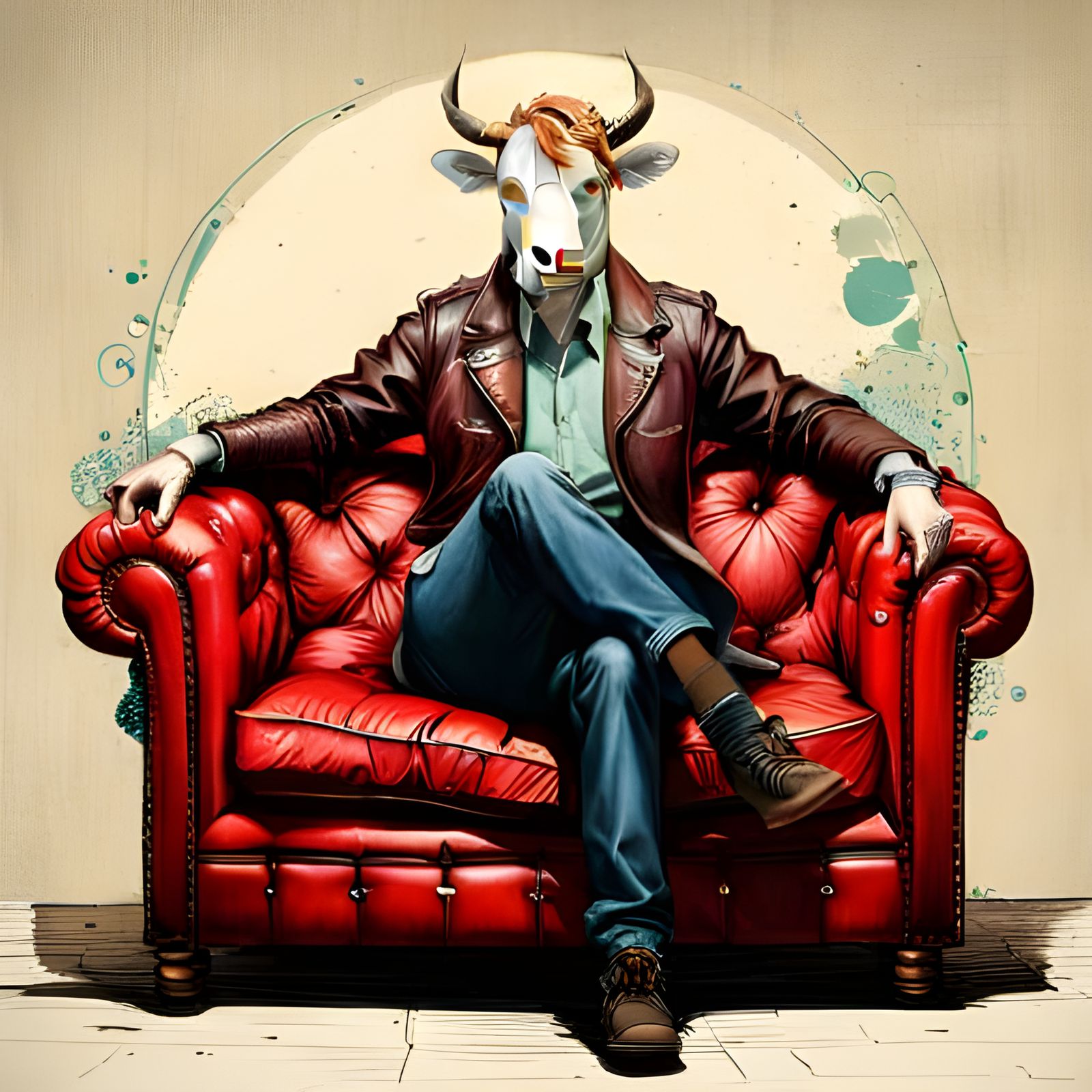 Cow in Leather Jacket on Leather Couch
