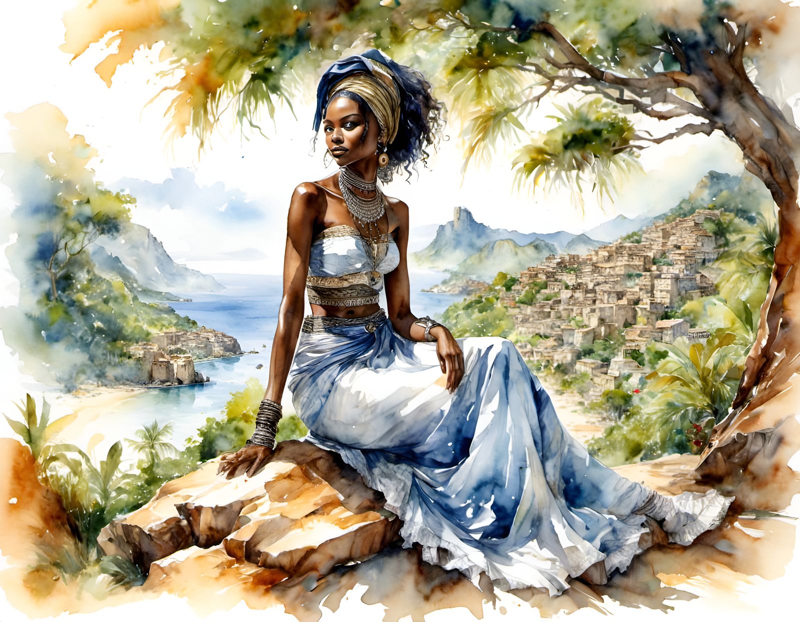 Pretty African Woman in Watercolor Style