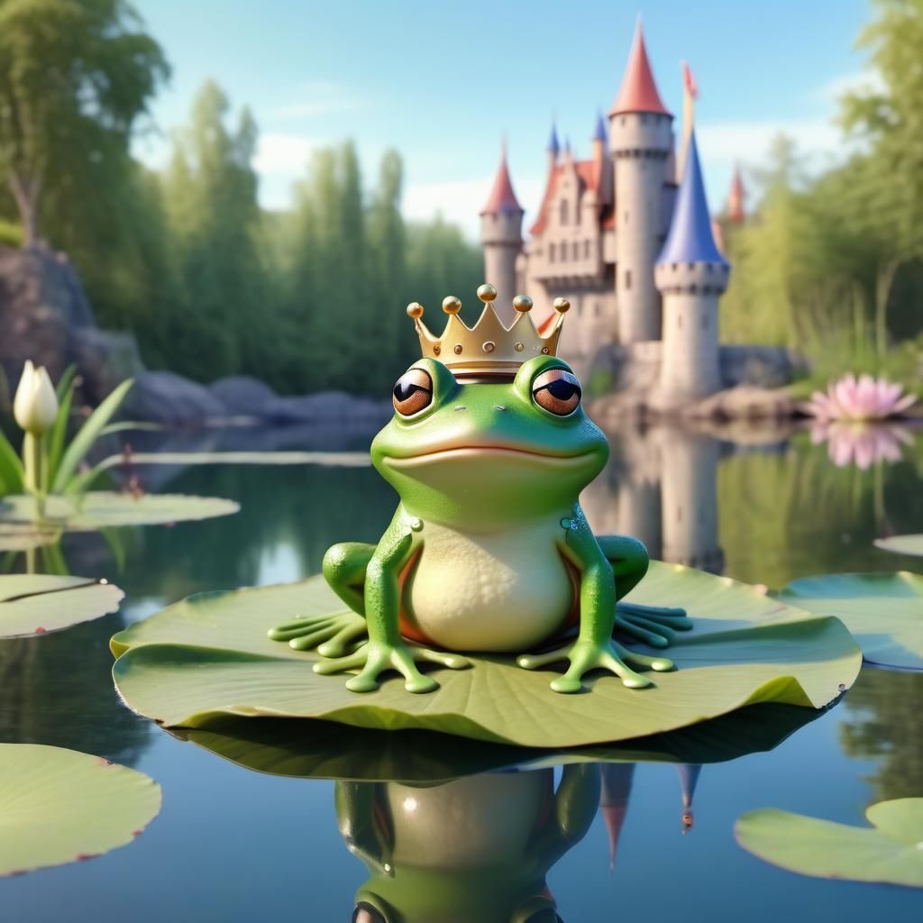 Disney Pixar style 3D adorable frog prince, wearing a crown ...