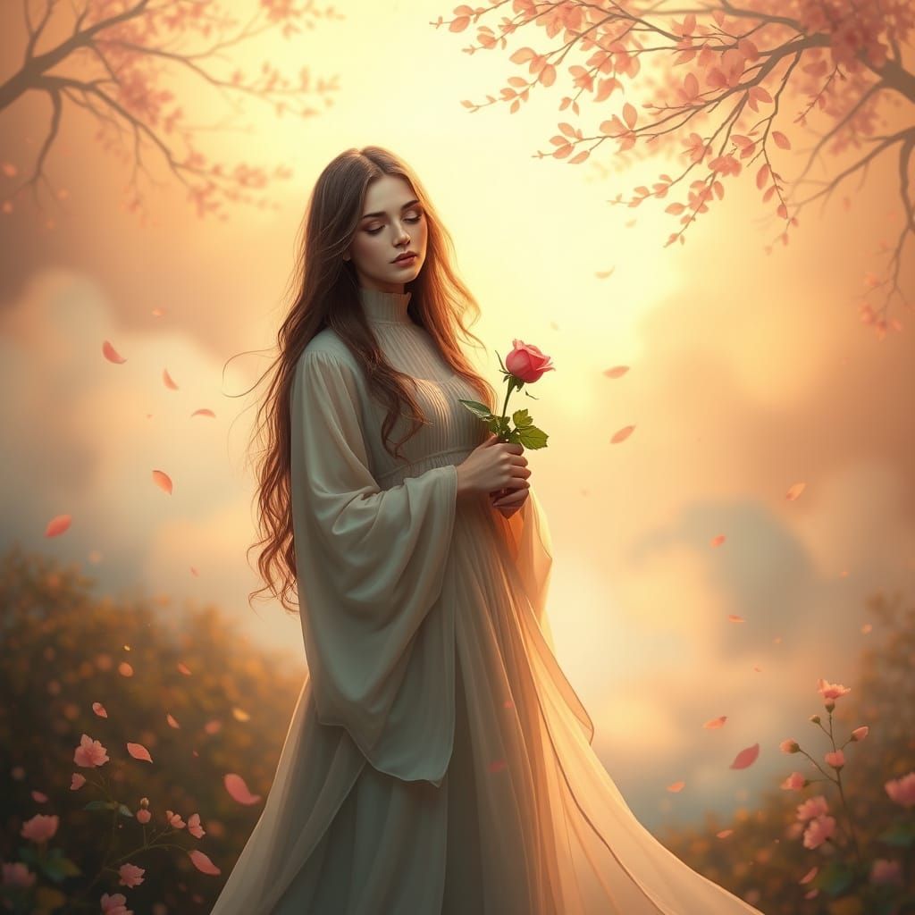 A Dreamlike Young Woman in a Whimsical, Peaceful Landscape