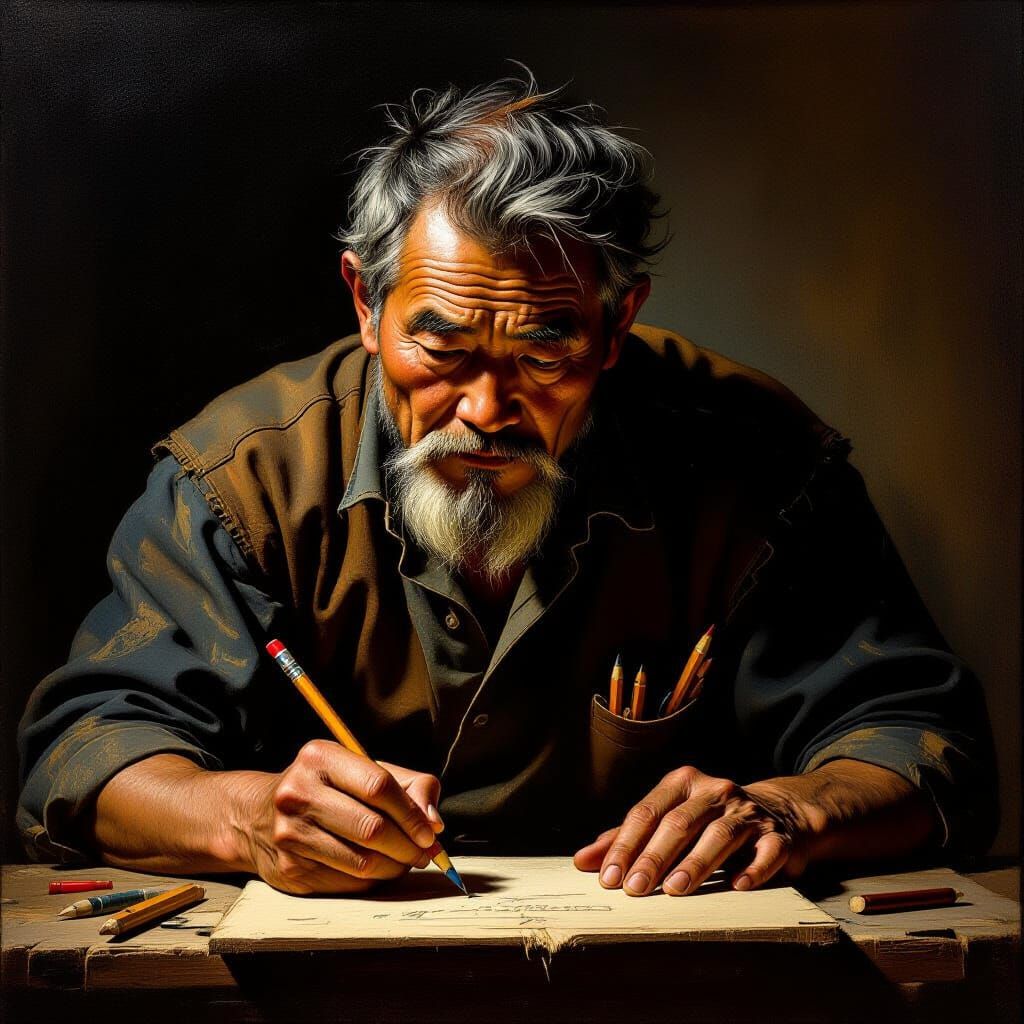 Baroque Carpenter Writing Wood Oil Painting