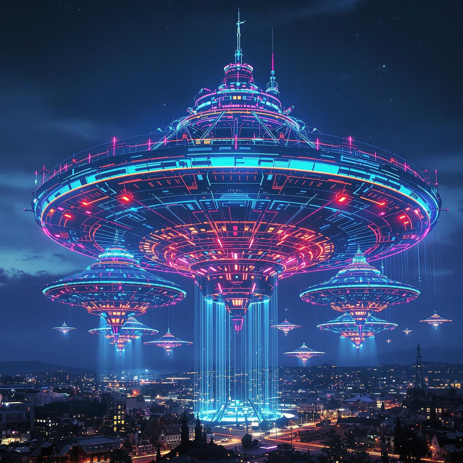 Epic Cyberpunk Space Invasion in Neon Hologram Style