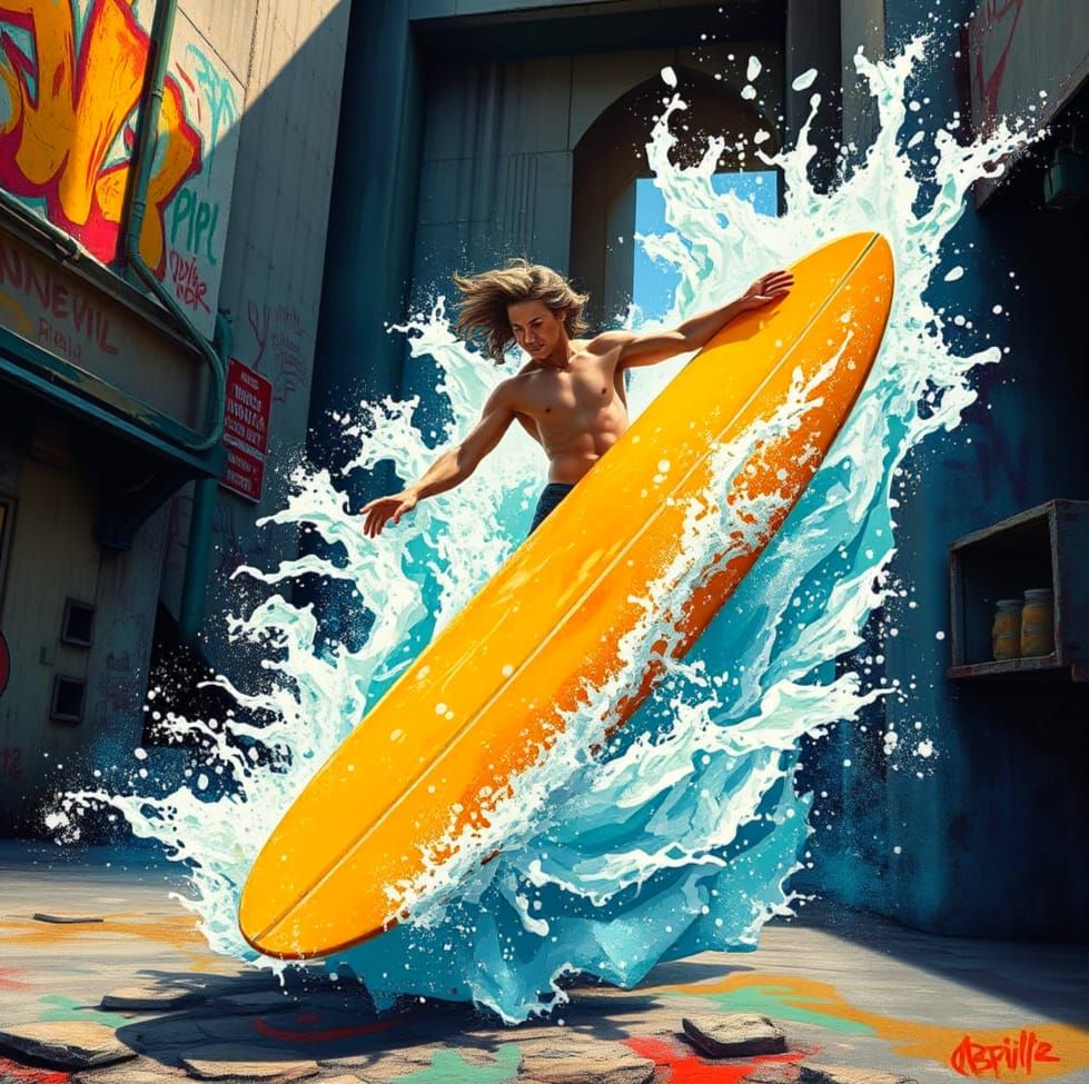 Hyperrealistic Surf Culture in Vibrant Graffiti Style
